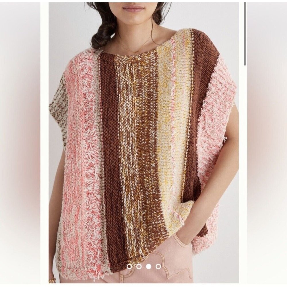 Anthropologie Striped Poncho Sweater Women Medium Textured Bohemian Short Sleeve